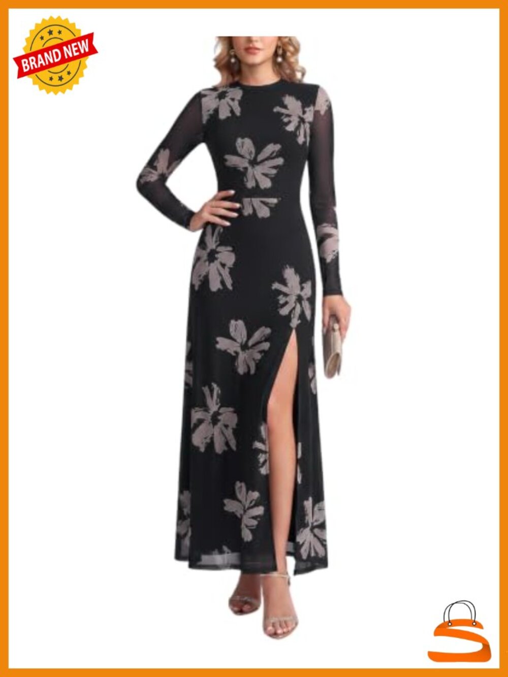 Women Floral Long Sleeve High Slit Formal Wedding Guest Maxi Dress